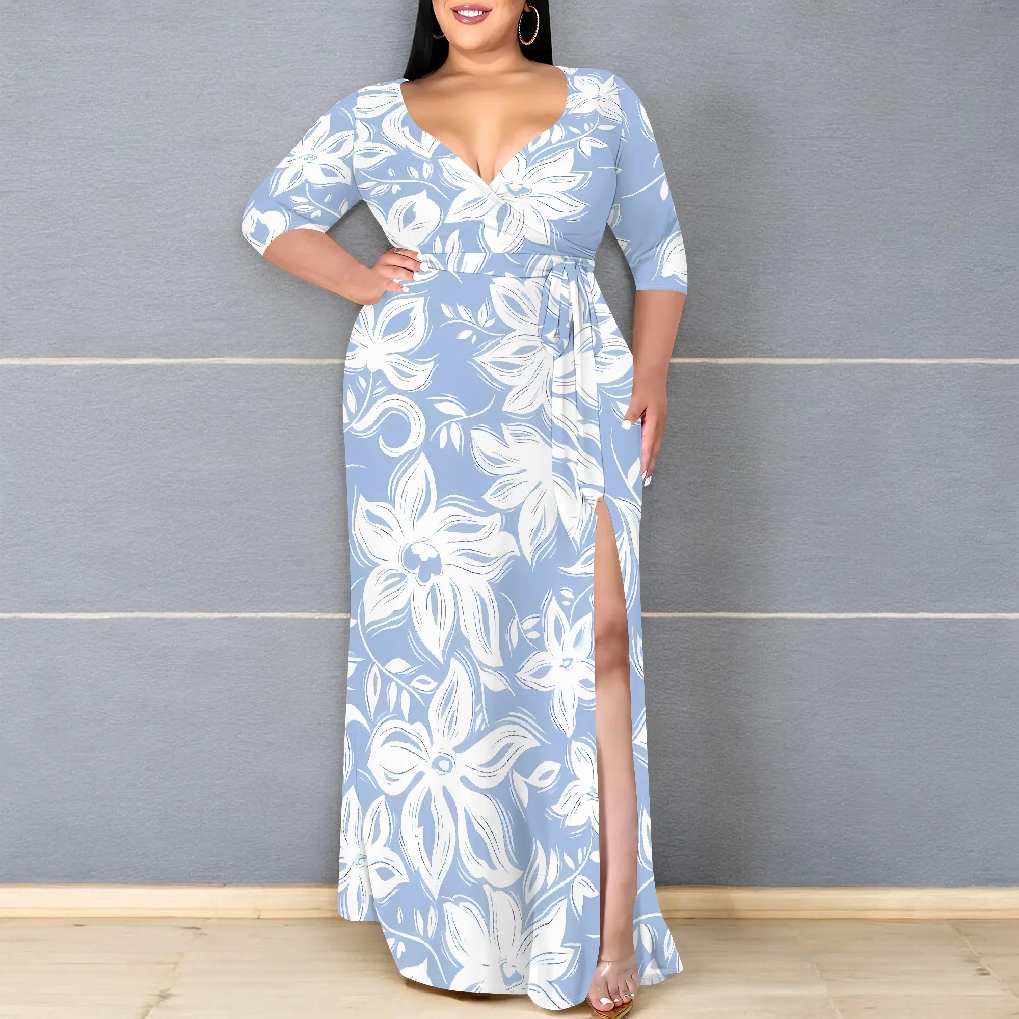 

EQQZD Stylish & Elegant Floral Print Dresses, Mid Sleeve V Neck Single-side Slit Maxi Dress with Belt, Plus Size Dresses