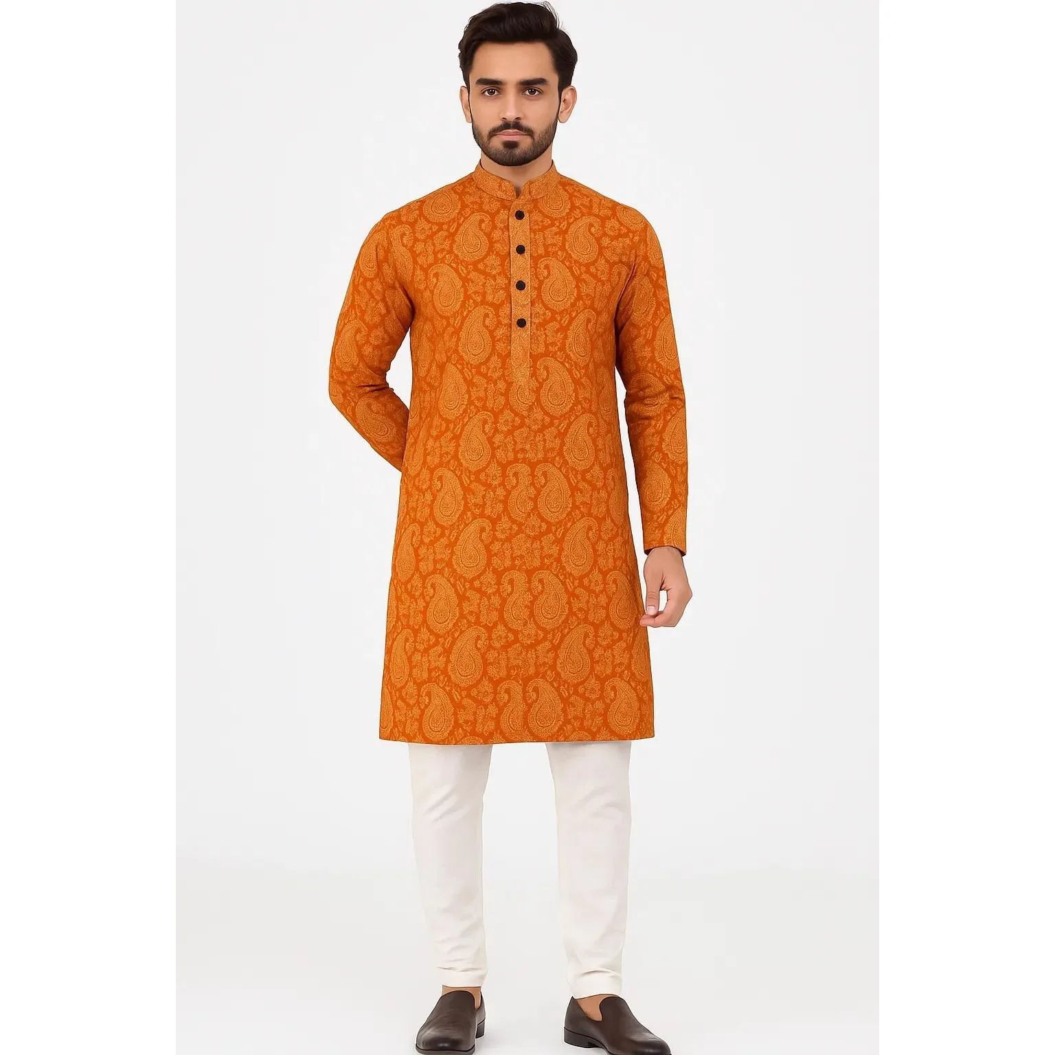 الوقوف طوق قميص مسلم الرجال الملابس الشعبية قفطان Musulman Kurta الملابس الإسلامية الوطنية ملابس منقوشة بكم طويل قمصان