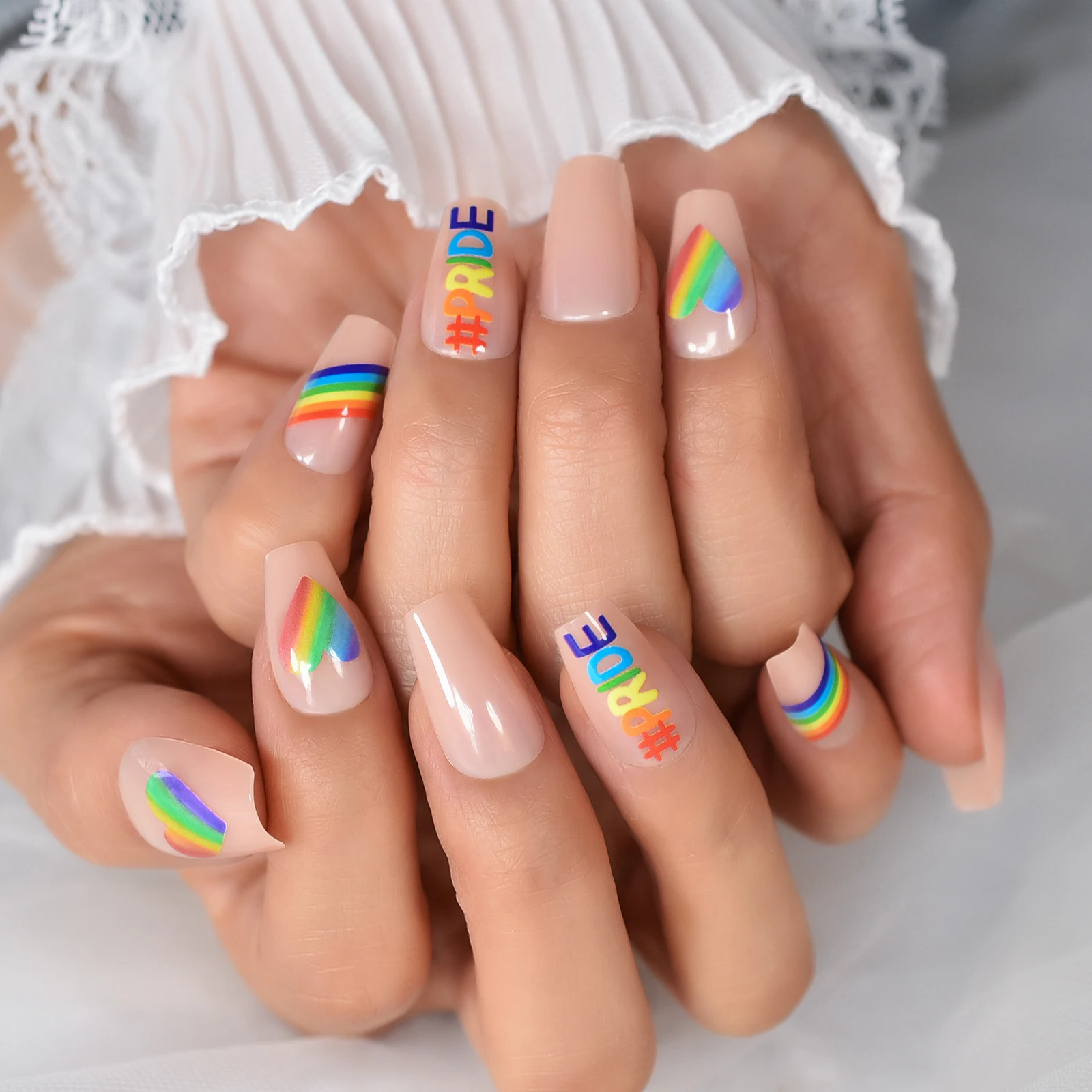 

Short Coffin Pride Pattern Rainbow Multicolor Cute Lovely Heart Ombre Nail Tips Press On Nails Fake Nails Full Cover Fingernails