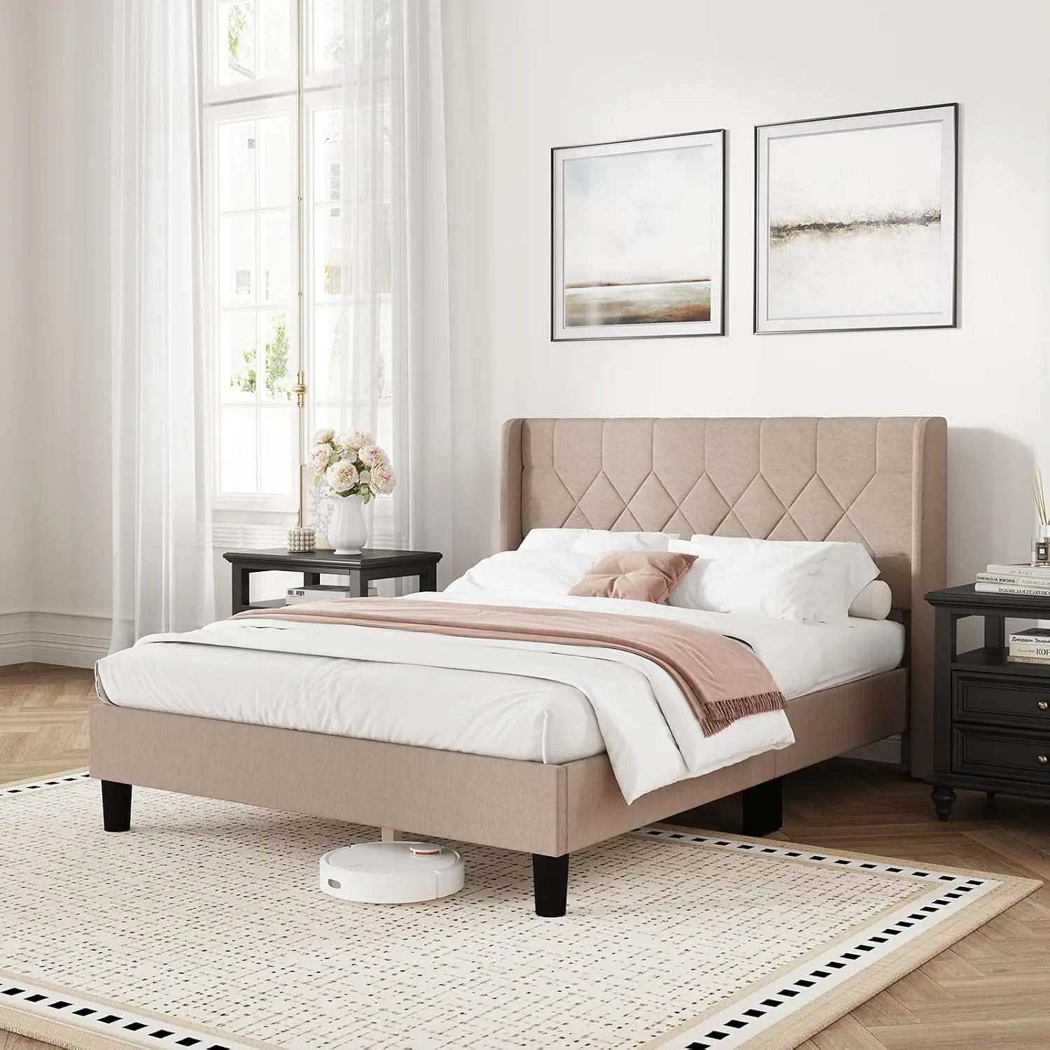 King Bed Frame with Headboard, Beige Linen Upholstered Wing Side Headboard with Pull-Point Accents, Heavy-Duty Feet, No Box Spring Required, Simple to Assemble