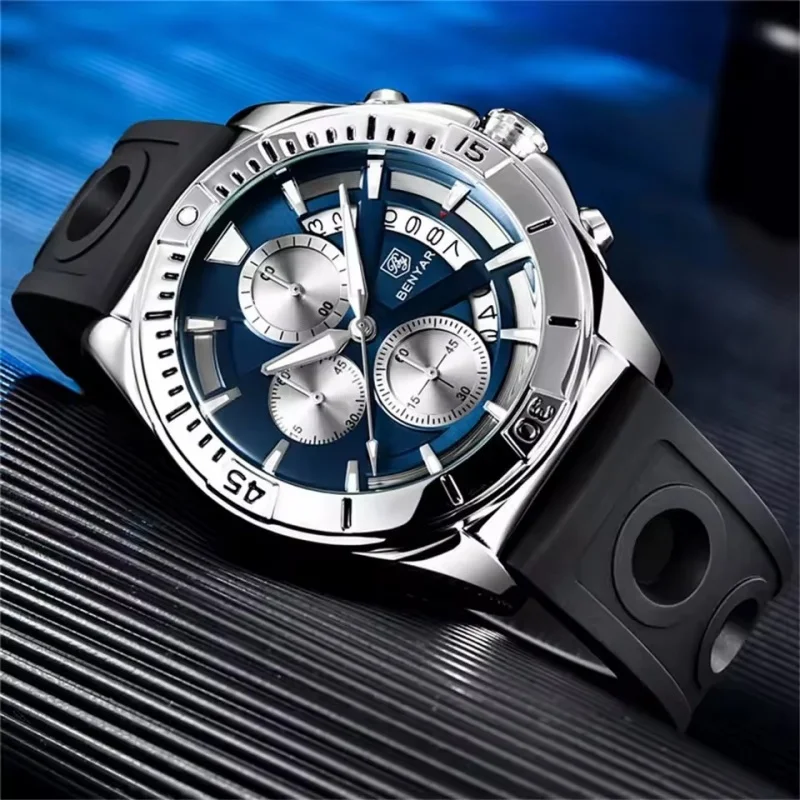 BENYAR 5180 ساعة رياضية للرجال كوارتز كرونوغراف رجالي مقاوم للماء تاريخ ساعة زرقاء الأعمال العسكرية الفاخرة ساعة Reloj Hombre