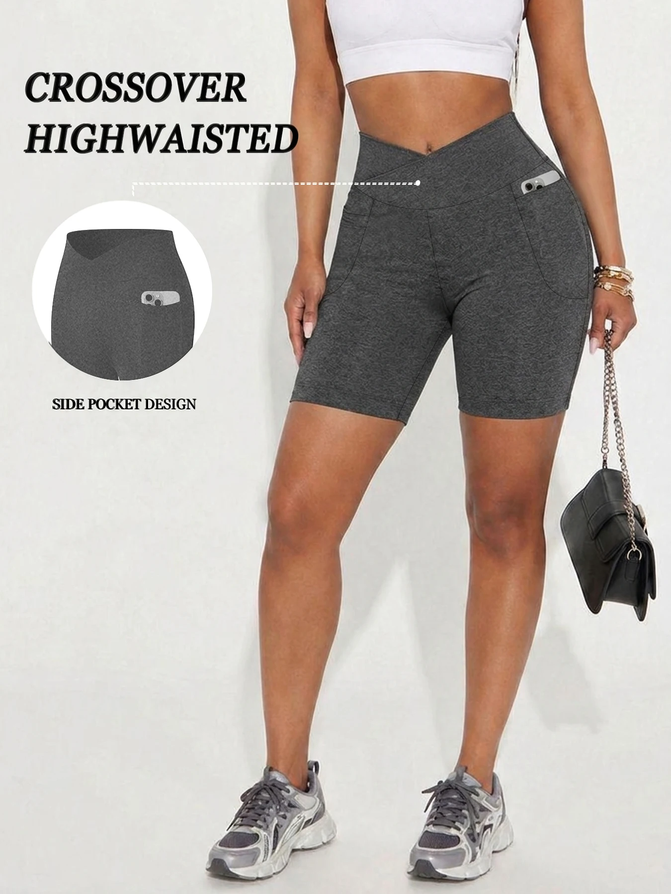 Damen Super Weiche Crossover High-Waist Biker-Shorts mit Taschen, Bauchkontrolle, Blickdicht, für Workout, Yoga und Laufen – Detail 8