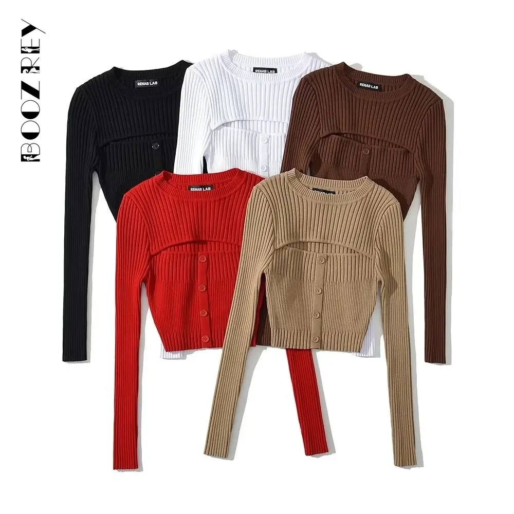 BoozRey 2022 Autumn and Winter O-neck Chest Hollow Out Knit Shirt Female Stretch Repair High Waist Navel-less Knitted Tops