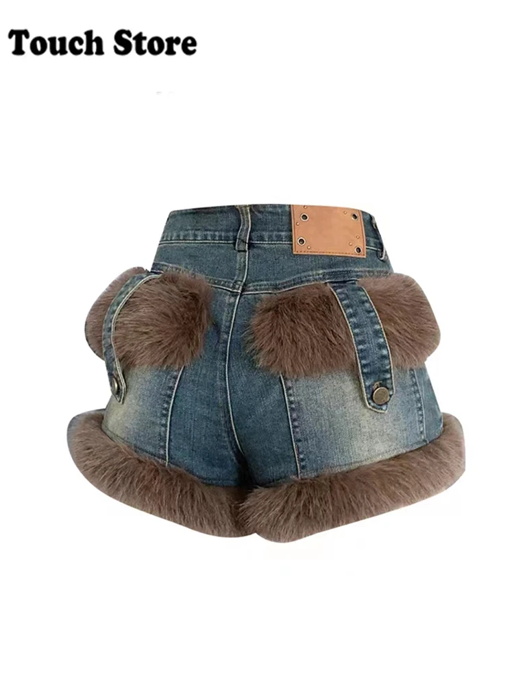 Women Korean Fashion Shoujo Trashy Y2k Gyaru Low Rise Denim Shorts 2000s Kpop Faux Fur Patchwork Jean Hot Pants Coquette Abi New