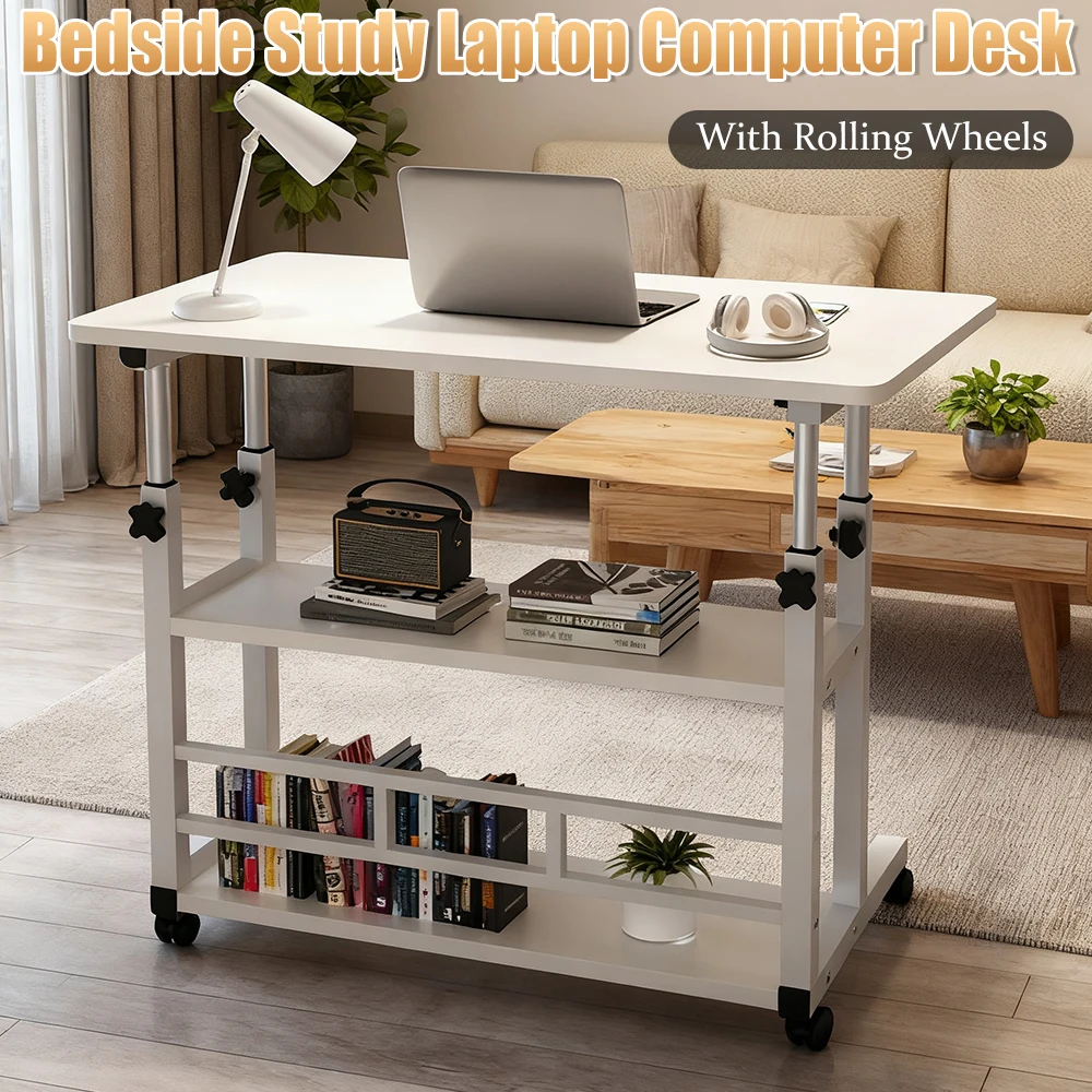 

Height Adjustable Computer Desk with Rolling Wheels Mobile Laptop Standing Desk Multi-Layer Storage Study Table for Home Office