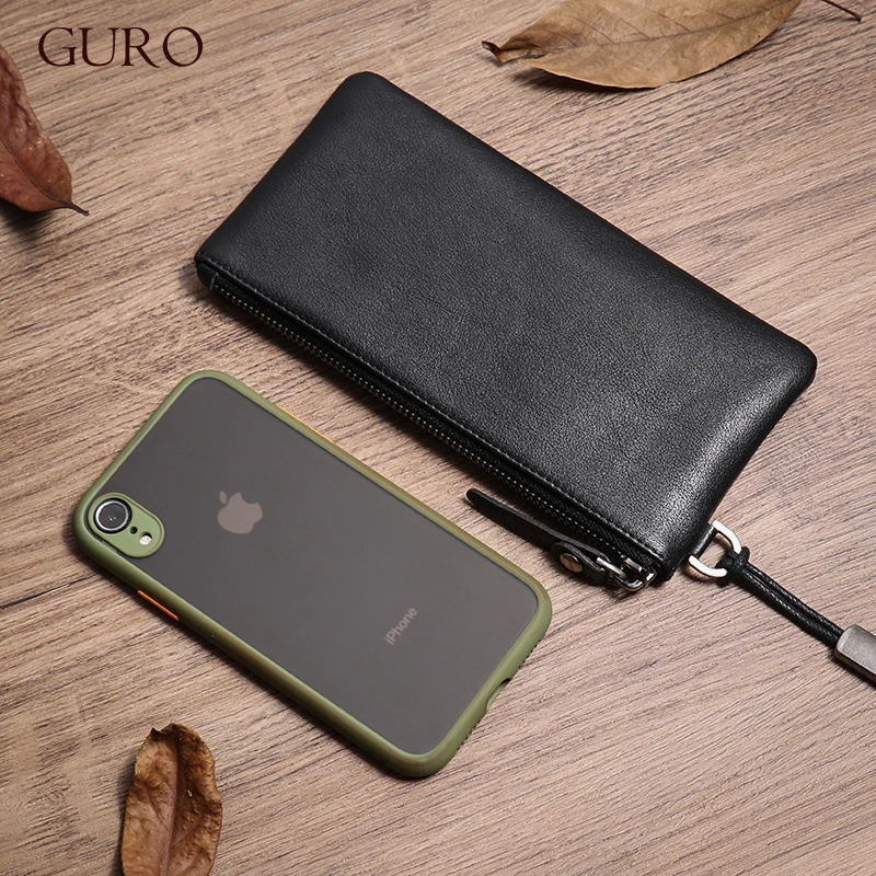 

GURO Men's Genuine Leather Long Wallet Natural Cowhide Clutch Bag Simplicity Slim Zipper Card Clip Coin Purse Mobile Phone Bags