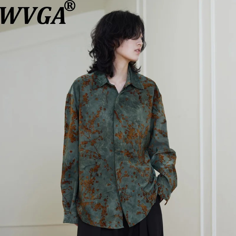WVGA Spring Autumn New Men Floral Printed Long Sleeved Shirts Niche Chic Vintage Distressed Thickened Base Layer Tops Ins W27273