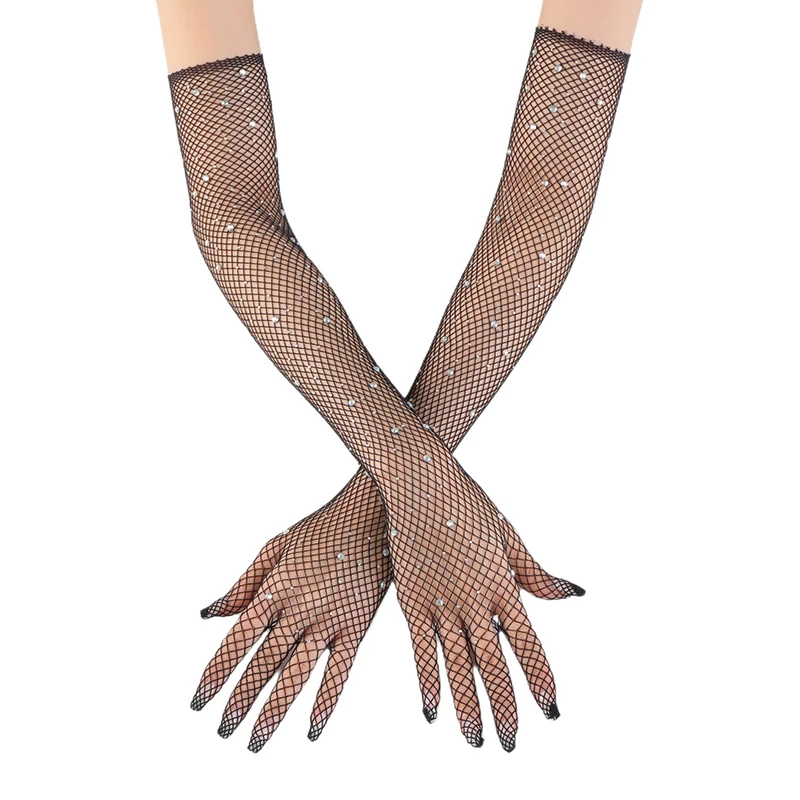 1 Pair Mesh Full Finger Arm Sleeves Long Gloves Sexy See-through Diamond Fishnet Gloves Nightclub Stage Performance Accessories