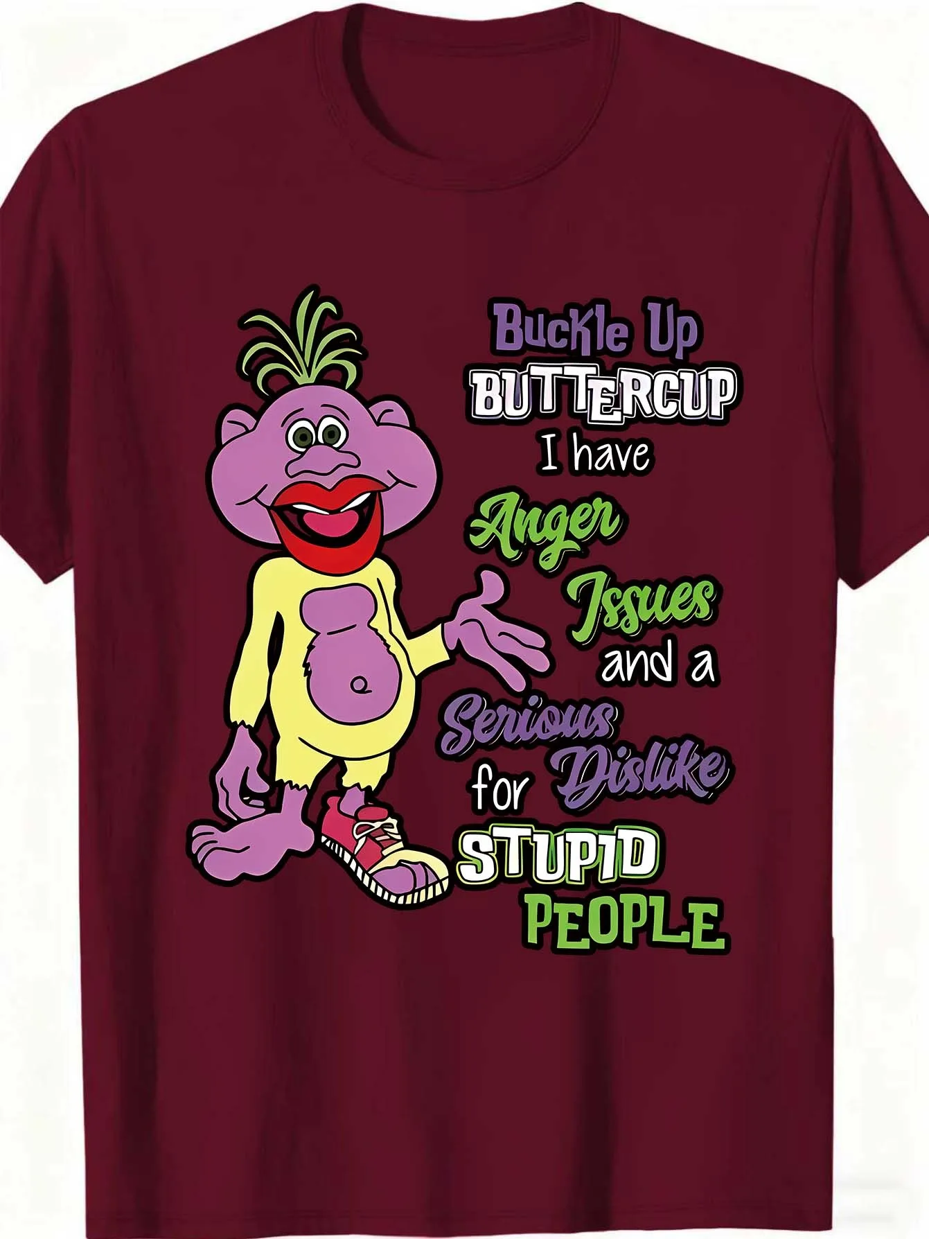 Buckle Up Buttercup Women's Tee, Funny Cartoon Graphic Grey Top