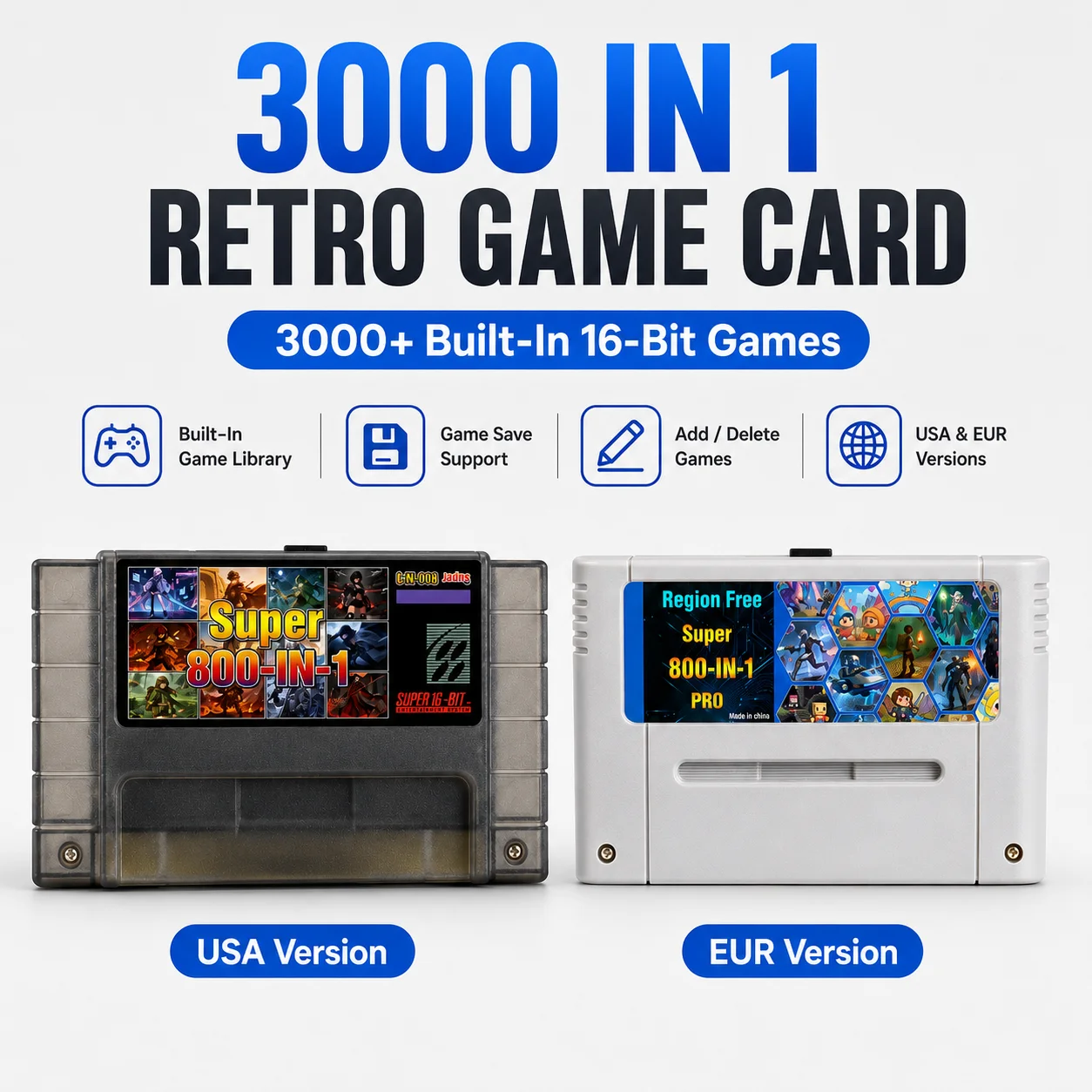 3000 In 1 Game Cartridge With 8GB Micro SD Card For SNES Retro Game Card Classic Home Video Game Console For Super Nintendo