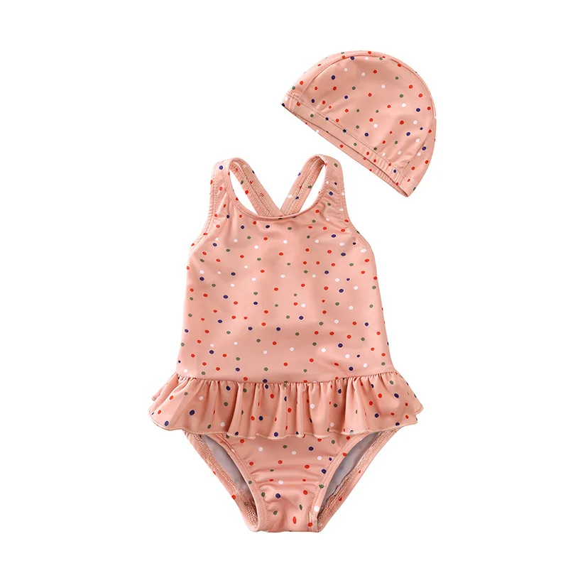 Ins Style 1-8Y Girls Ruffle One Piece Swimming Suit Baby Toddler Child Kids Bathing Suit Back Cross Straps Floral Dot With Cap