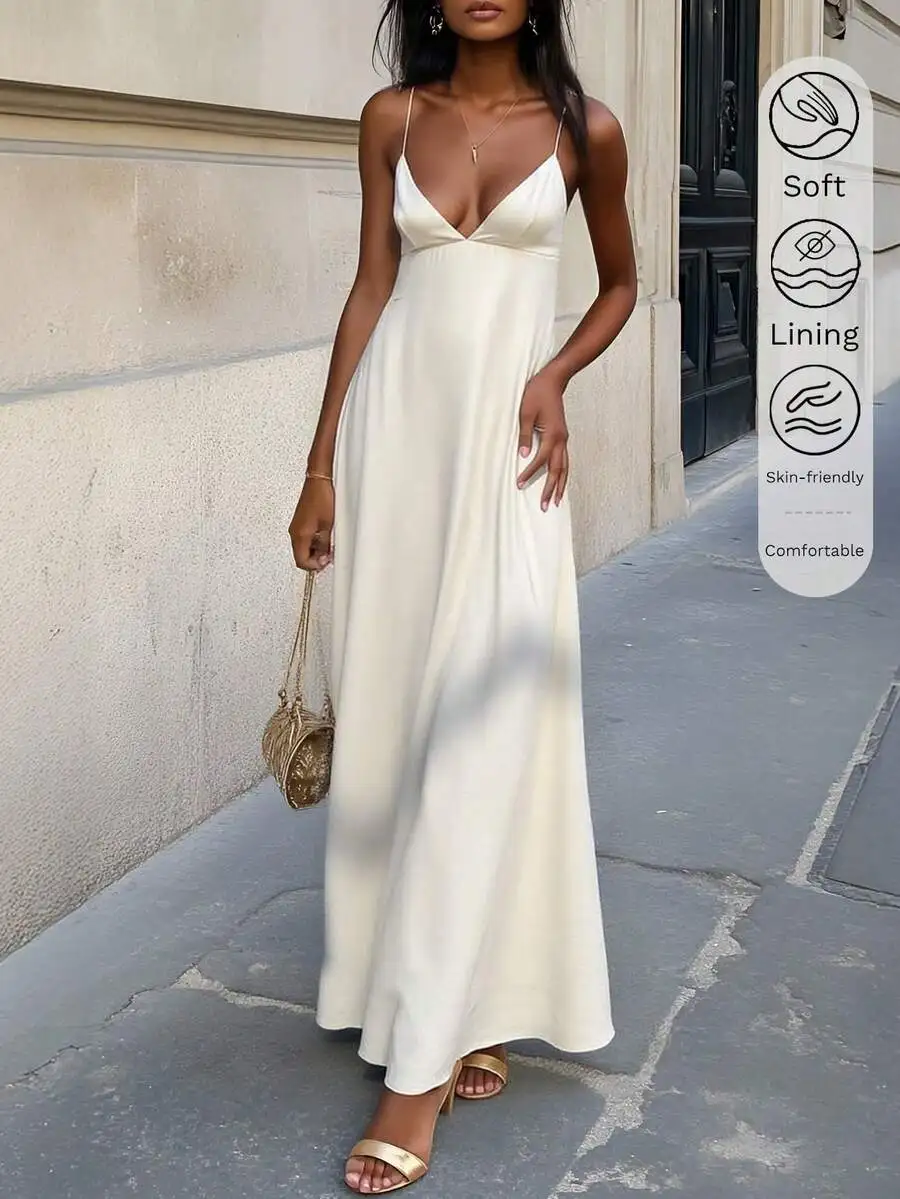 

Women's Satin V-Neck Maxi Dress with Spaghetti Straps, Elegant Summer Formal Dress