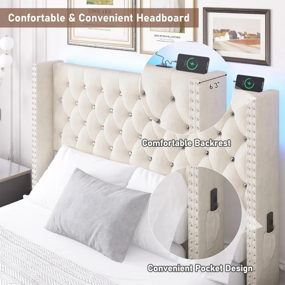 Marco de cama con cabecero Wingback, marco de cama copetudo con botón de diamante de terciopelo con puertos USB y tipo C, bolsillo y luces LED