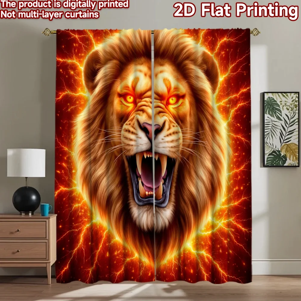 2D flat printing 2pcs Curtain Curtains Fiery Roaring Lion Digital Printed Polyester Drapes Holiday Decorations Use for Parties