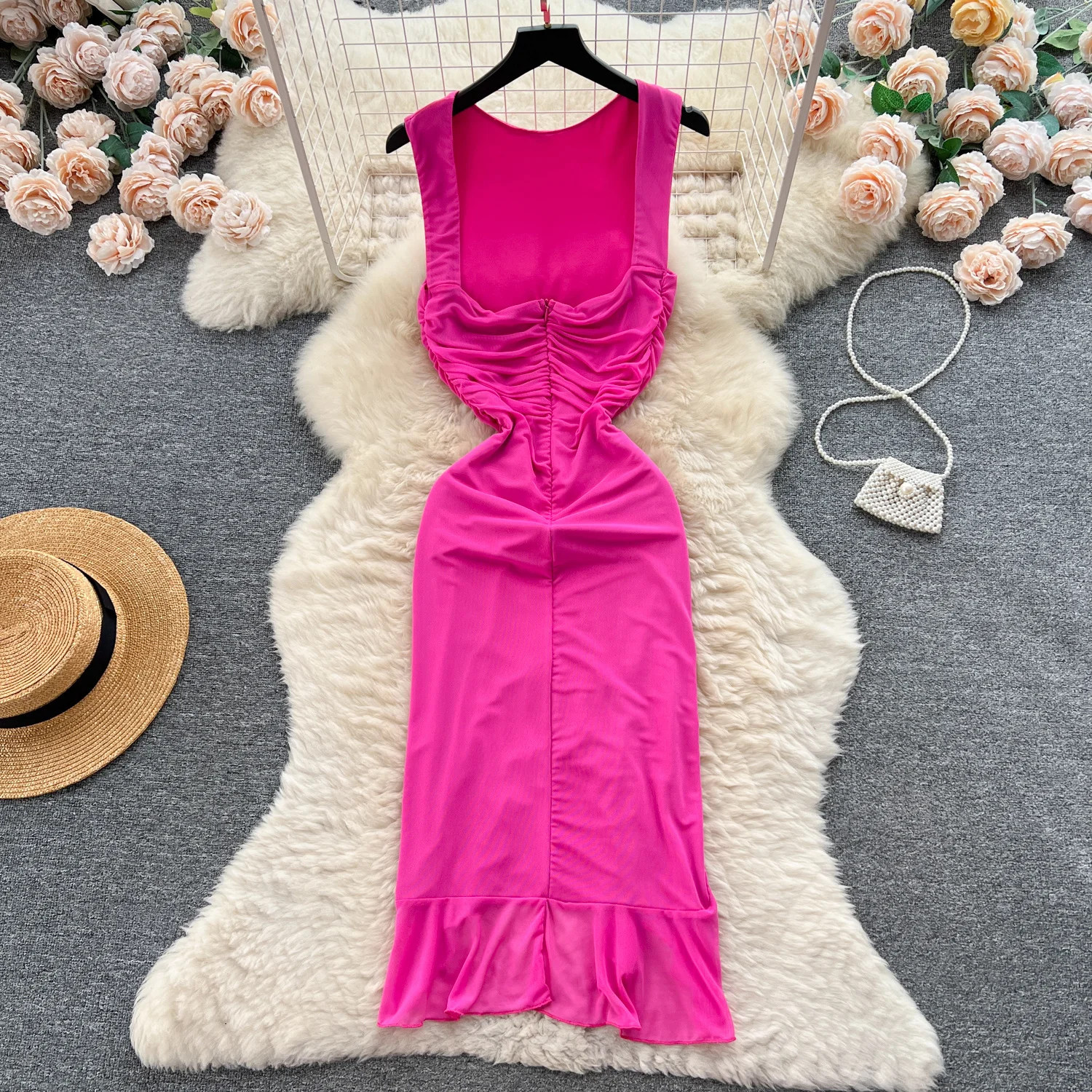 Frauen Sommer sexy Tank Kleid solide o Hals ärmellose rücken freie schlanke hohe Taille Bodycon Rüschen unregelmäßige Midi Club Party Outfits