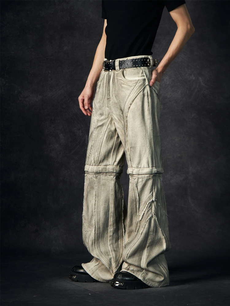 Special-Interest Design Heavy Industry Structural Dirty Distressed Frayed Hem Detachable Loose Straight Jeans Trousers