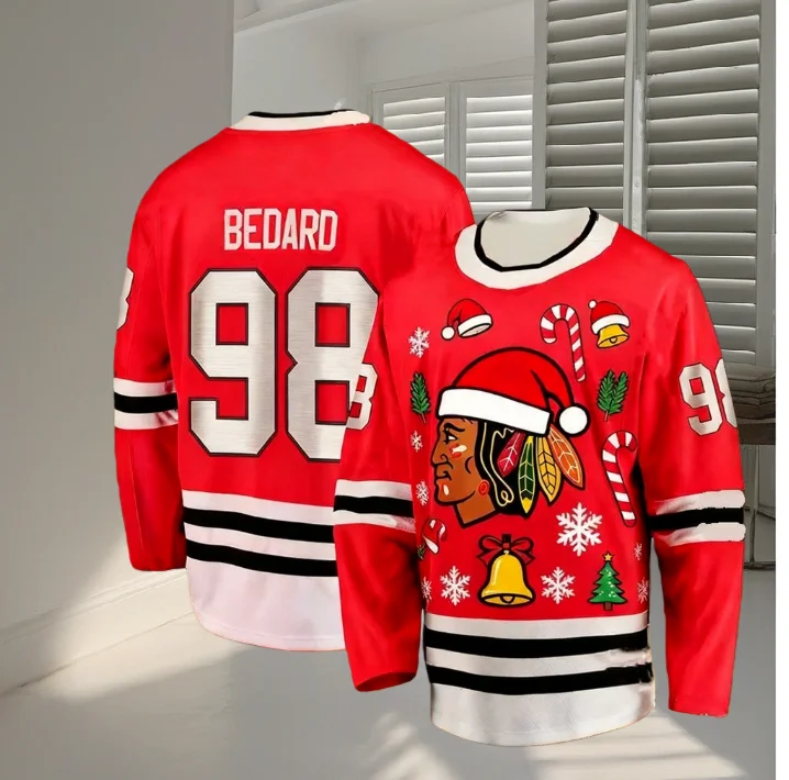عيد الميلاد تحت عنوان BEDARD No.98 هوكي الجليد رجل جيرسي شيكاغو عيد الميلاد طبعة محدودة الهوكي جيرسي المشجعين هدية الكريسماس تي شيرت
