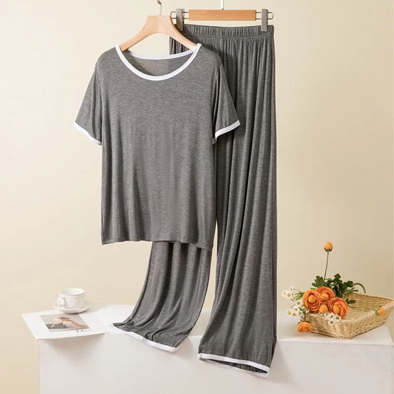 

Свободная Пижама для женщин, комплект из двух предметов, Летний Тонкий костюм из модала с коротким рукавом и длинные брюки, повседневный домашний наряд, одежда для сна, пижамы