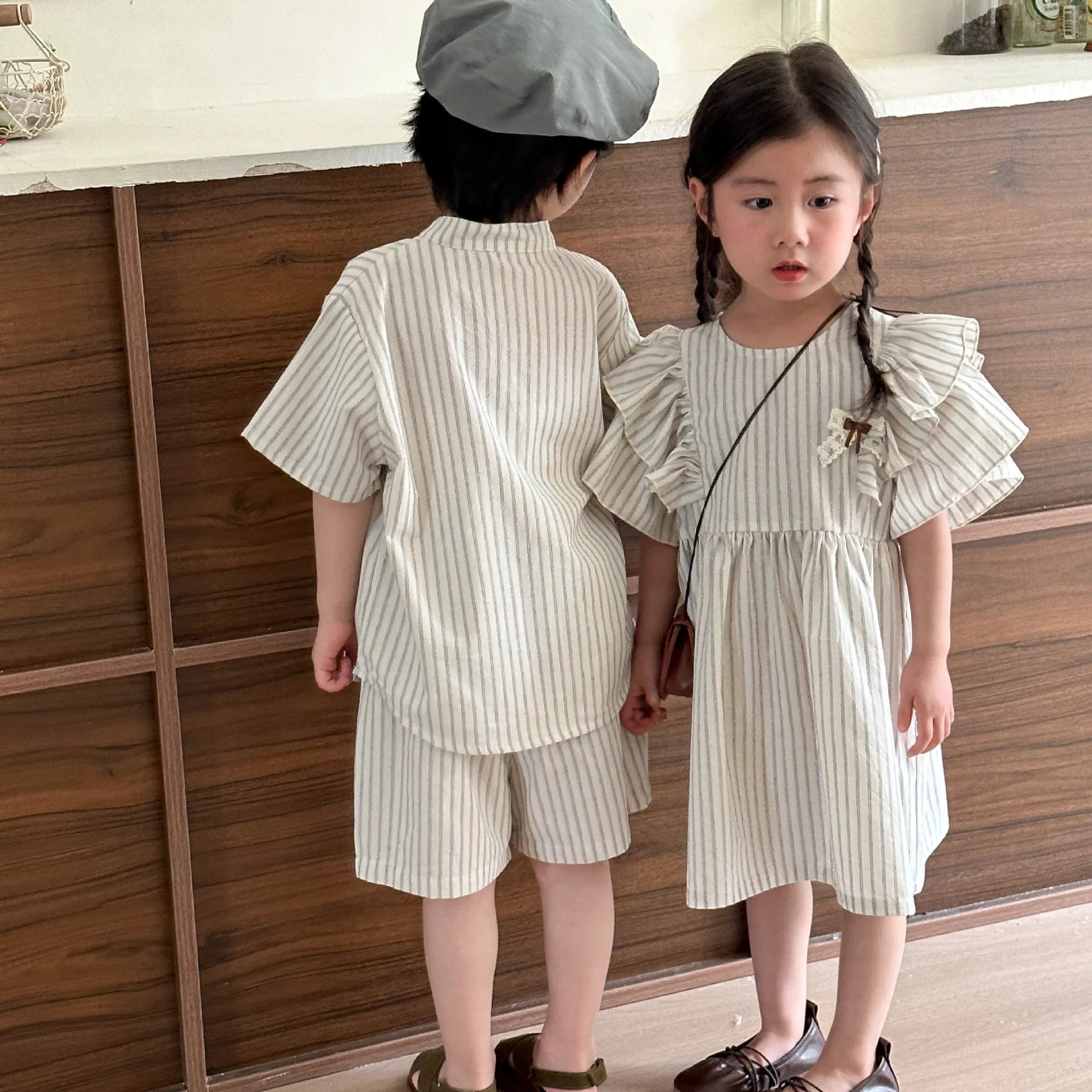 2024 Summer Thin Brother Sister Outfits Boy Children Cotton Short Sleeve T-shirt+Shorts 2pcs Girl Baby Striped Fly Sleeves Dress