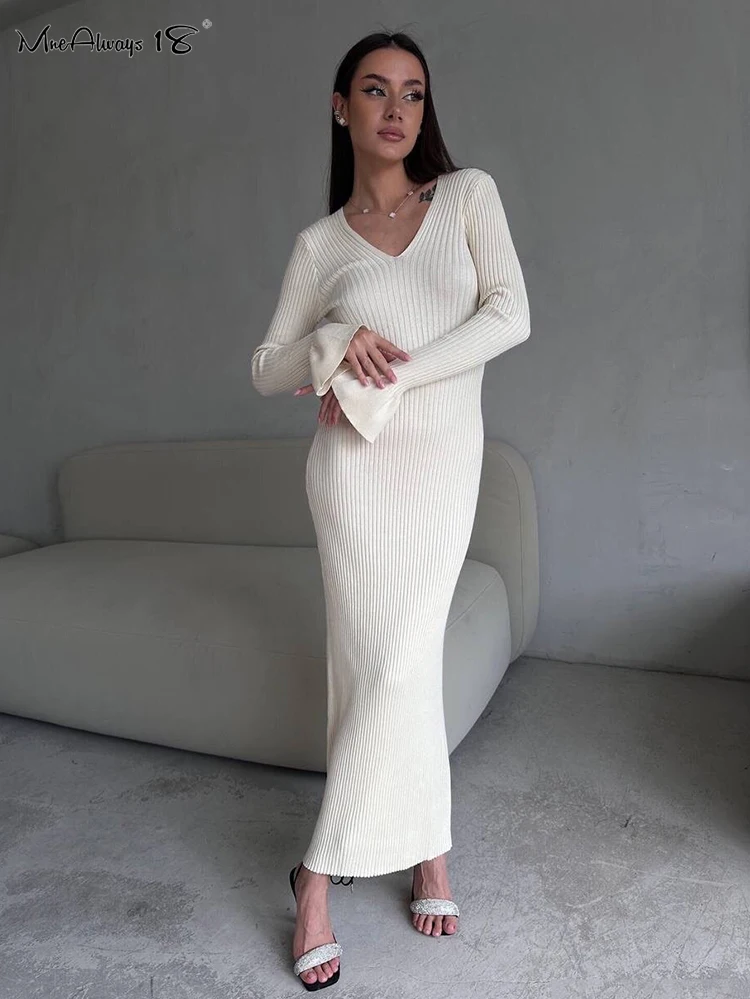 Mnealways18 V-Neck Elegant Ribbed Knitted Dress Flare Sleeves Womens Midi Dress Office Ladies Knitting Bodycon Dress Winter 2024