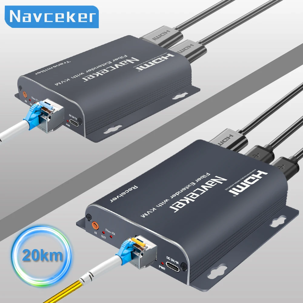 Navceker H.265 20KM HDMI-Compatible Fiber Extender 1080P KVM Over LC Fiber Optic Converter HDMI to Fiber Optic Video Transmitter