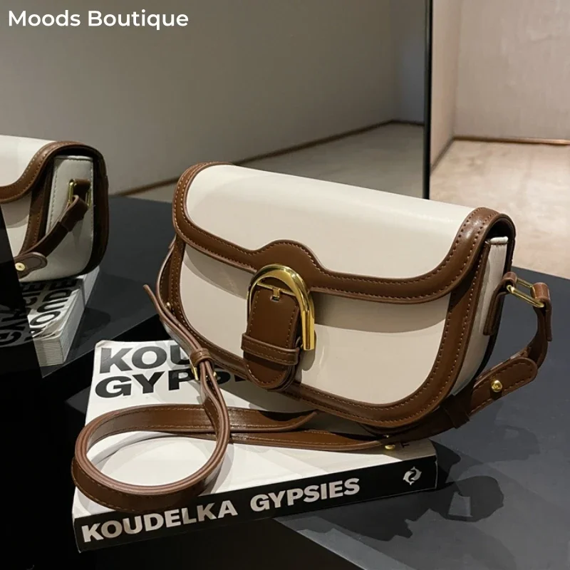 MOODS Flap Shape Crossbody Bags For Women Contrast Color Belt Buckle Design Shoulder Saddle Bag 2024 New Luxury Designer Handbag