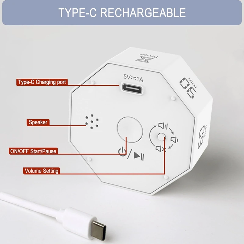 Digital Productivity Timer, Rotating Pomodoro Timer With 1-3-5-15-30-60-90 Min Countdown, For Study Office Kitchen Desk-ABSW