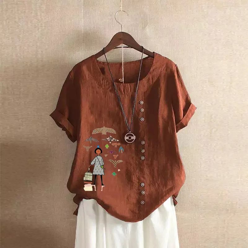 Blus Atasan Wanita Kasual, kemeja katun dan Linen kasual untuk wanita longgar leher bulat lengan pendek Botton Retro dicetak Pullover blus atasan Femme