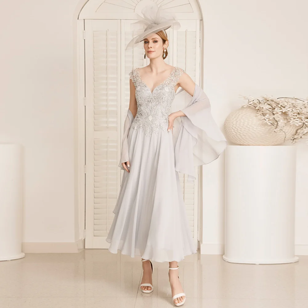 Classic Chiffon Mother Of The Bride Dresses V Neck Sleeveless Wedding Party Gowns Appliques Ankle-Length A-Line فساتين السهرة