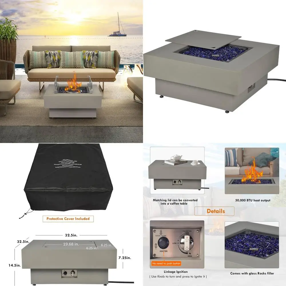 

Уличный 32,5-дюймовый стол для газовой костра с 50 000 БТЕ, ветрозащитным экраном, крышкой, стеклянными камнями и крышкой для использования в патио