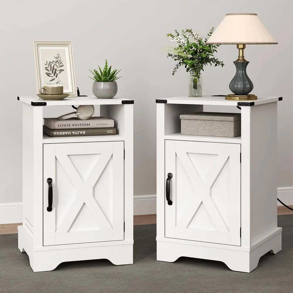 

Farmhouse Nightstand, White End Table with Charging Station, Tall Bedside Table with Large Storage Room and Shelf, Wooden Rustic
