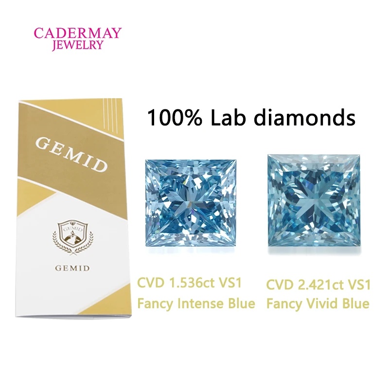 

Cadermay In Stock GEMID Certificate CVD 1.536ct 2.421ct Fancy Vivid Blue VS1 Square Shape Lab Grown Diamond For Jewelry Making