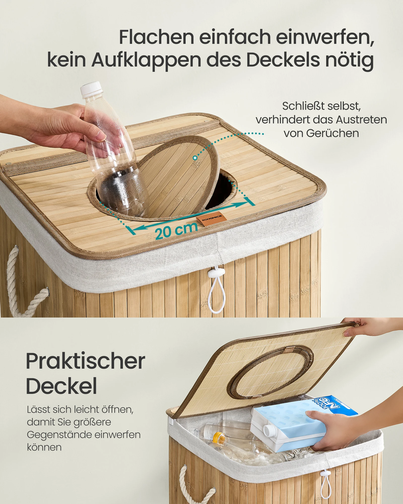 حاوية جمع الزجاجات القابلة للإرجاع من SONGMICS، حاوية زجاجات قابلة للإرجاع سعة 95 لترًا، من الخيزران، أفرغت مجمع الزجاجات، حاوية إعادة التدوير #5