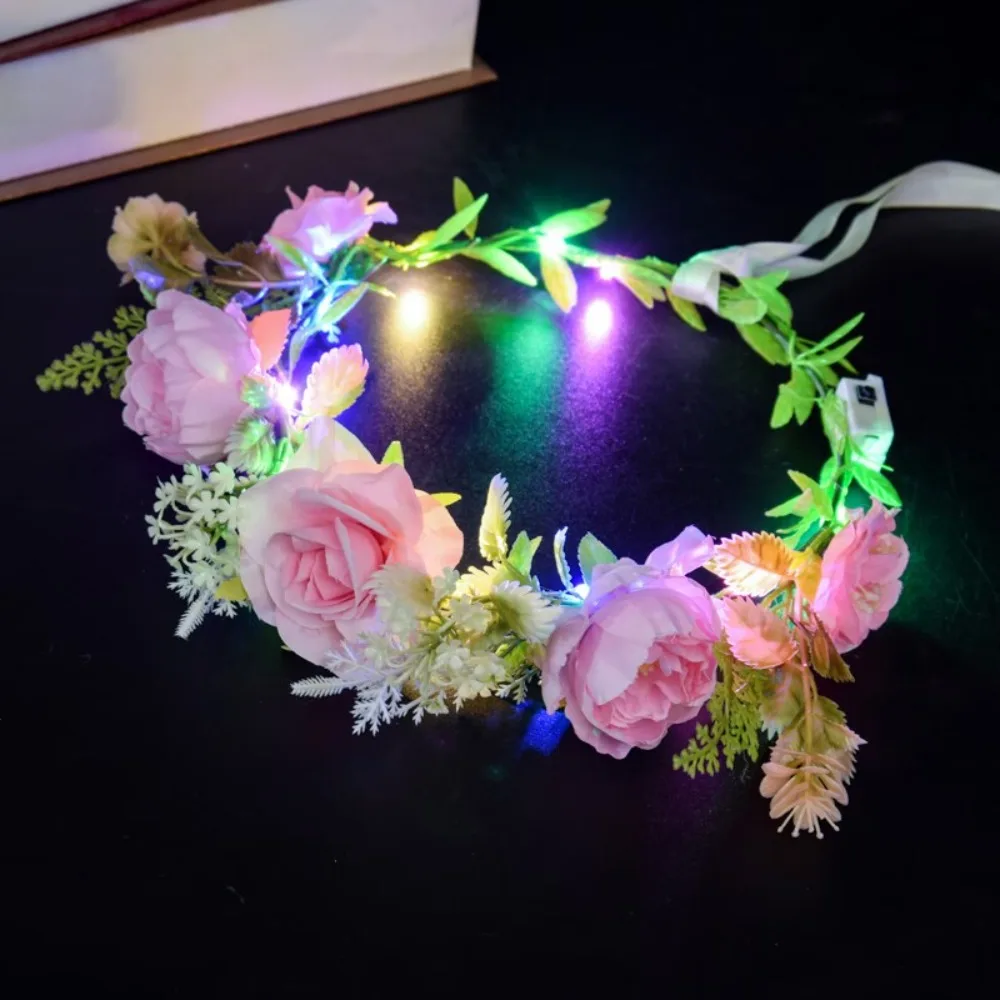 

Exquisite Simulation Rose Flower Flower Crown Hairband Hair Hoop Luminous Wreath Headband Cloth Glowing LED Light Garland Bride