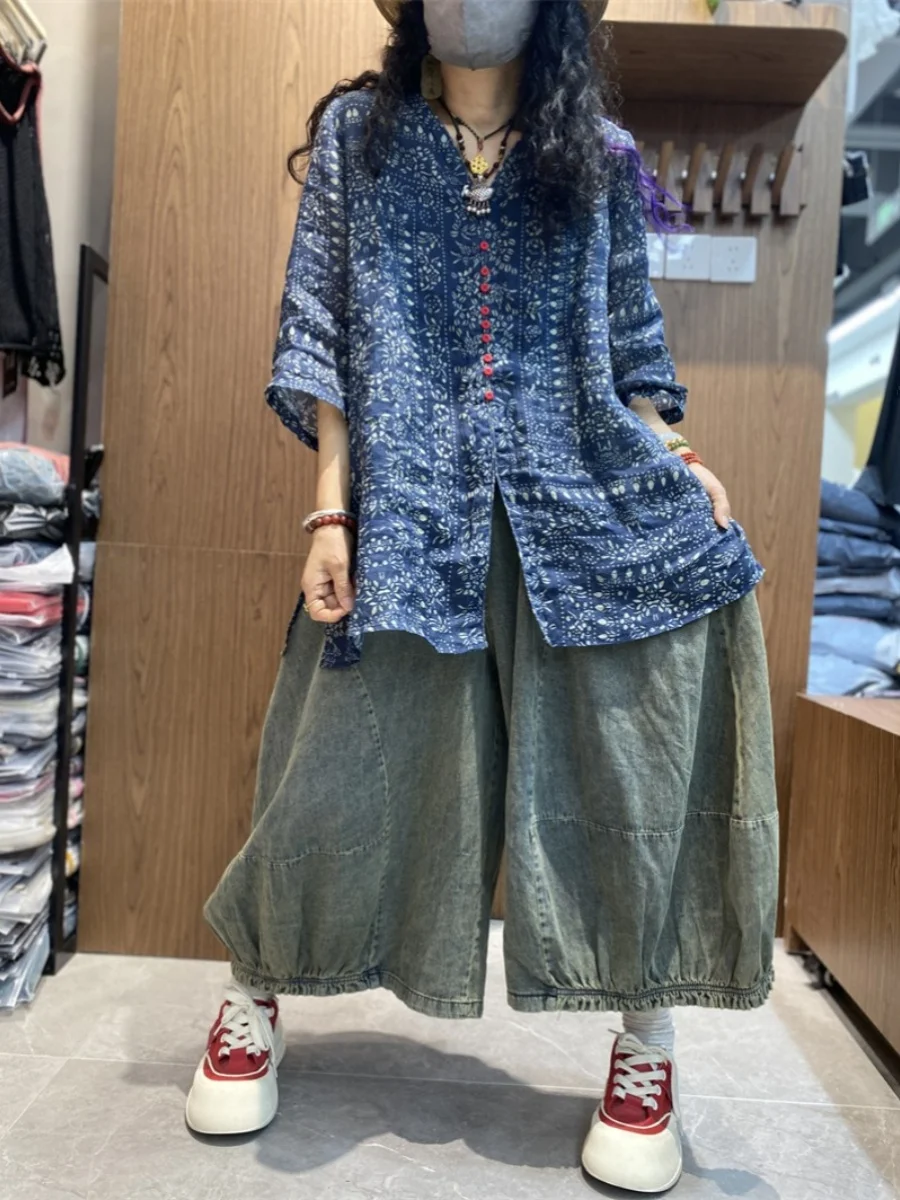 الرجعية الراقية الكتان طباعة ميدي irt حجم كبير المرأة اللون بلو زر V-Ne رقيقة رداء علوي غير رسمي الصيف فضفاضة تناسب تخفيف Sle