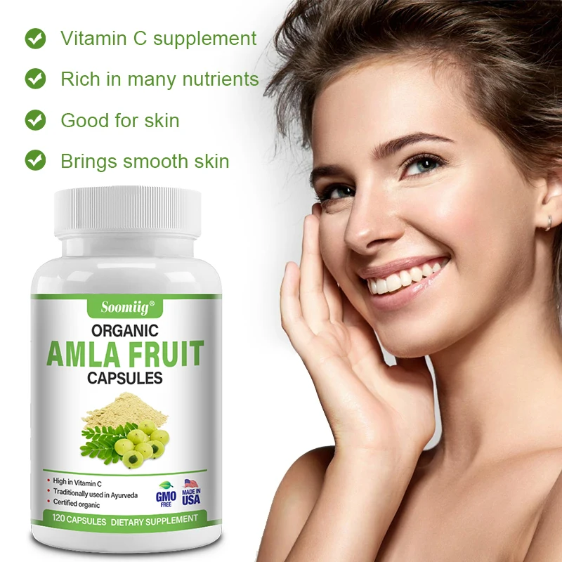 

Organic Amla Fruit Powder Capsules - with Vitamin C, Supports Immune Health, Antioxidant, Beauty Health, Promotes Collagen