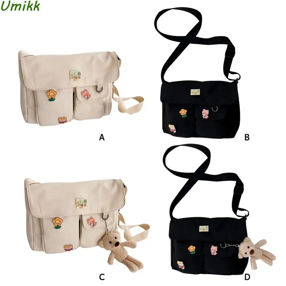 

Canvas Crossbody Bag Preppy Women Students Large Capacity Satchel w/ Badge