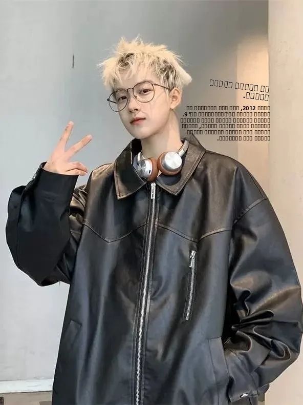 

American Retro Leather Jaet Men's Casual Collar Pilot Sle Coat Autumn Winter New Faion Versatile Leisure Zipper Decorated