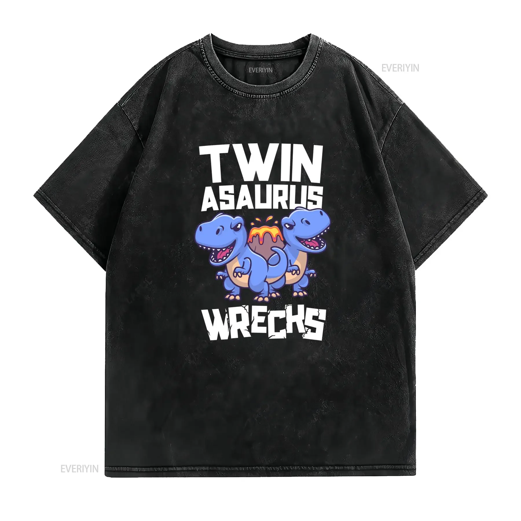 Funny Cartoon Twin T Rex Dinosaur Saurus Wrecks Volcano Print Casual Shirt vintage Washed designer clothes homme Stylish