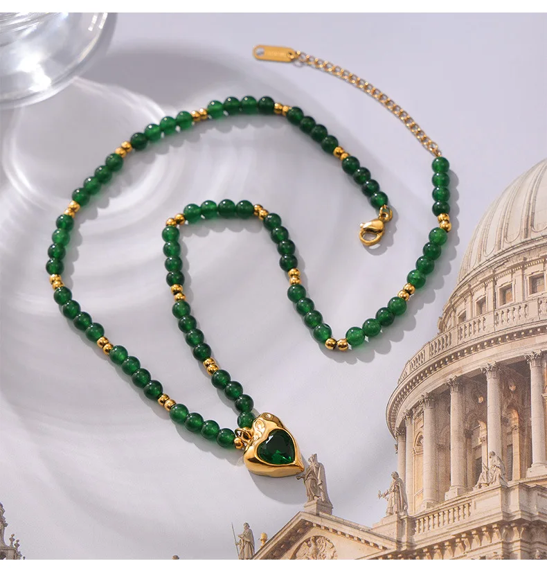 Natürliche Grüne Achat-Perlenkette Halskette für Damen Luxuriöser Zirkon-Herzanhänger Vintage-Halskette Accessoires Edelstahl-Schmuck – Detail 8