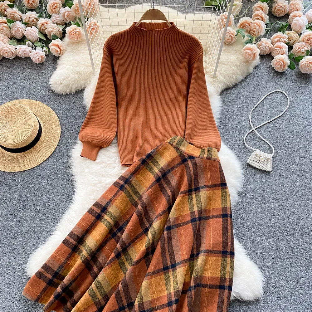 Women Retro Sweater Suits 2023 Fashion Lantern Sleeve Sheath Knitted Top+Elastic Loose Long Skirt Two Pieces Sets