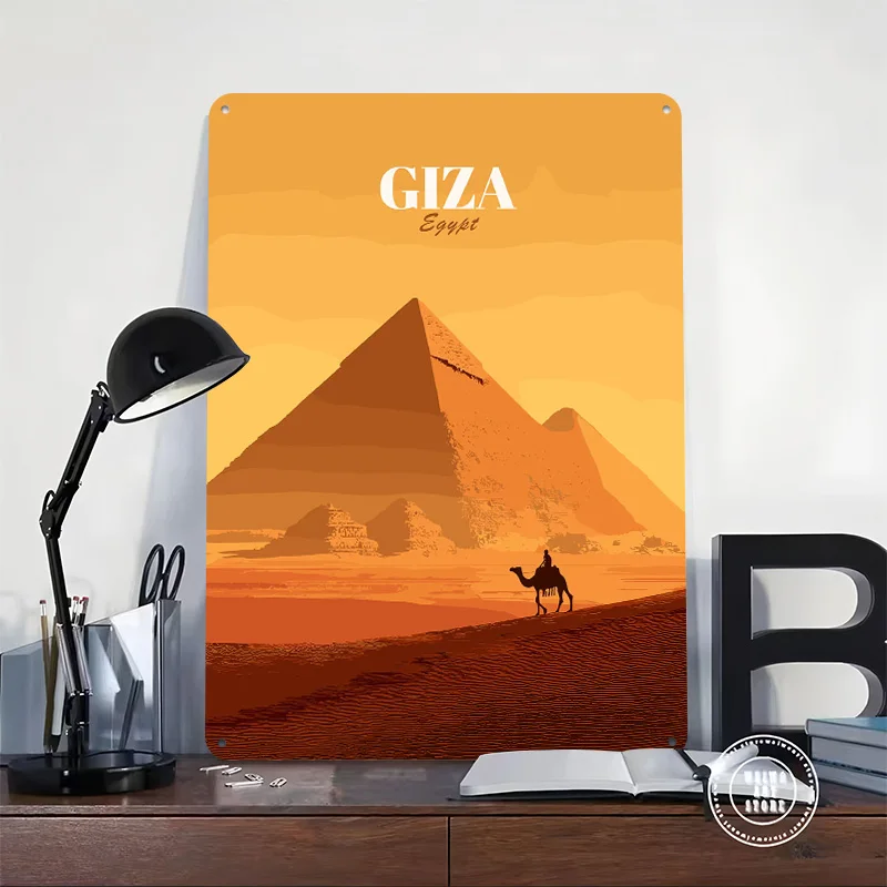 Giza Egypt Pyramid Camel Desert Illustration Poster Retro 3D Printed Metal Signs Customized Wall Hanging Gift for Tin Sign Art