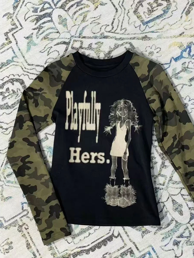 Vintage Camouflage Patchwork Cotton T Shirt Women Autumn Slim Long Sleeve Base Tops Y2K Streetwear All Match Printing Crop Tees