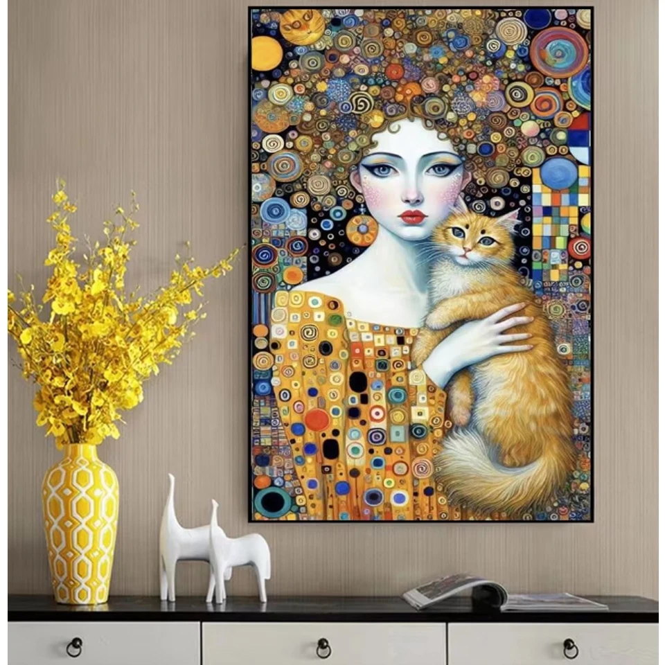 

New Diamond Art Painting Kit 5D DIY Abstract Woman And Cat Diamond Mosaic Embroidery Gustav Klimt Art Elegant Girl Cross Stitch