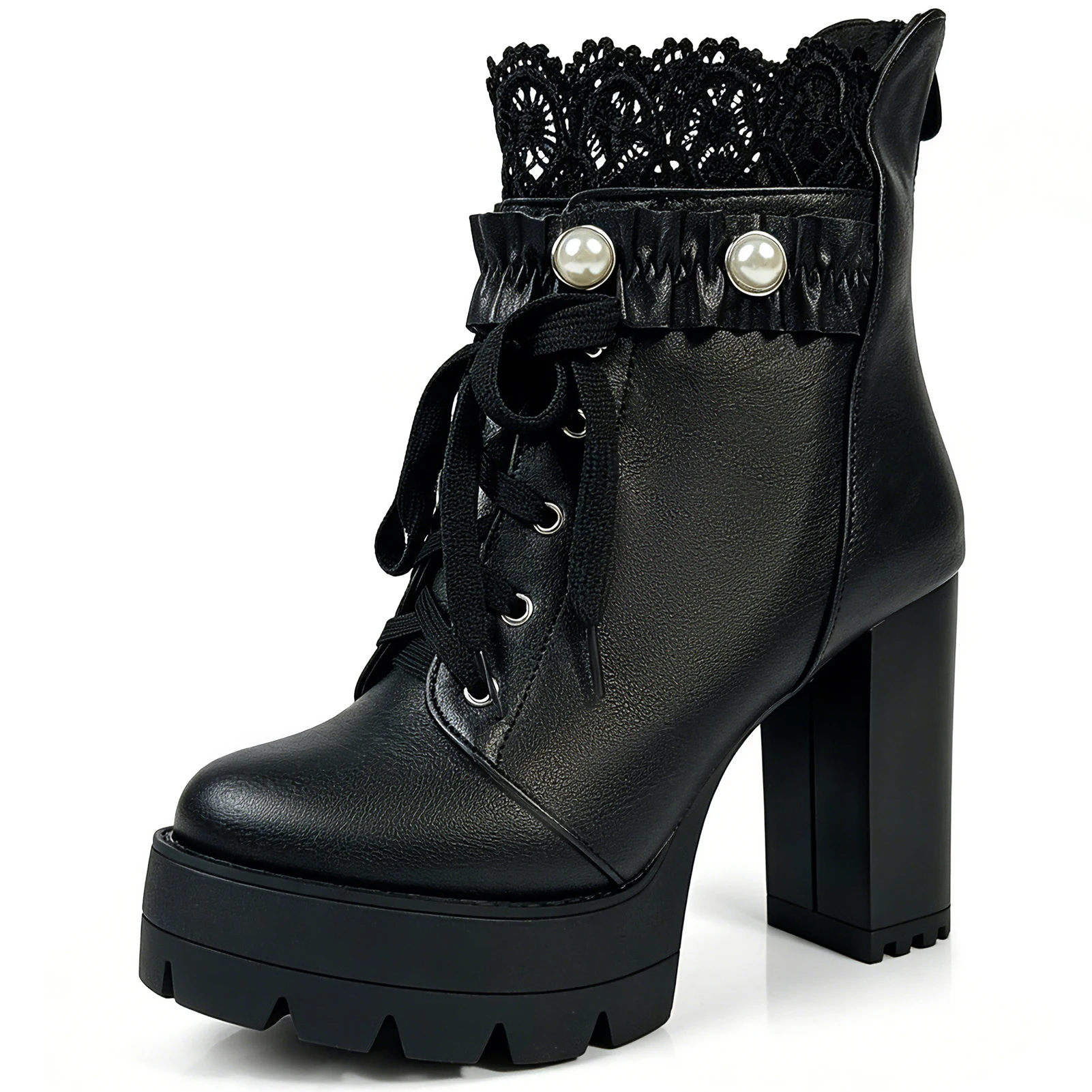 High Heel Boots For Women Platform Chunky Heel Combat Boot Black Pearl Goth Heeled Lace Up Ankle Booties With Zipper