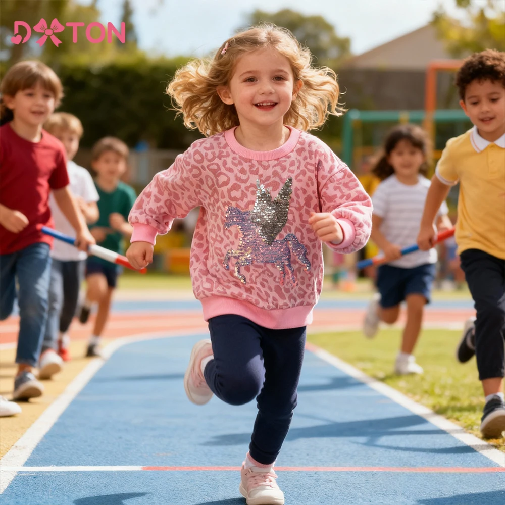 DXTON Children Sporty Tops Sequined Girls Sweatshirt Pink Leopard Printed Kids Casual O-neck Sportswear Toddler Autumn Costumes