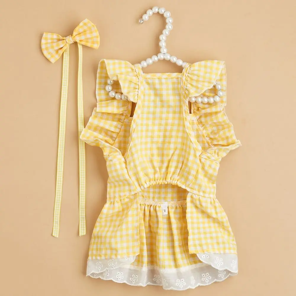 

Sweet Pet Flying Sleeves Skirt British Style Comfortable Cat Princess Dress Elegant Soft Plaid Lace Dog Skirt