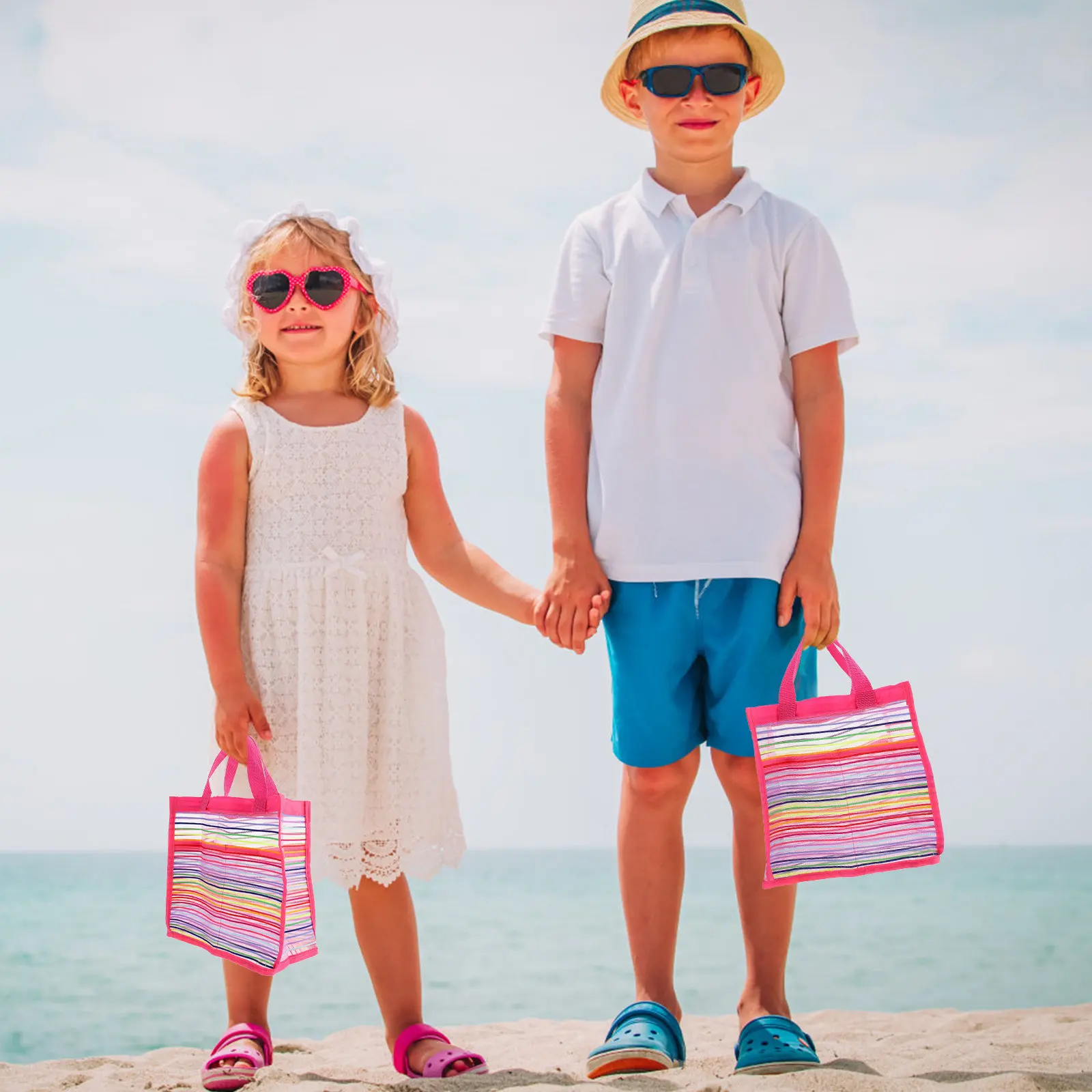 Children Creative Beach Mesh Bag Large Capacity Shoulder Bag Portable Storage Pouch for Seashell Collection Swimming Outdoor