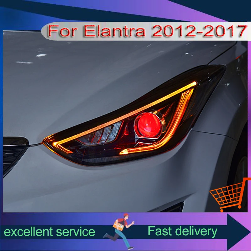 Car Light For Hyundai Elantra 2012-2017 Headlight Assembly Modified LED DRL Devil\'s Eye Design Dual Lens Turn Signal Front Lamps