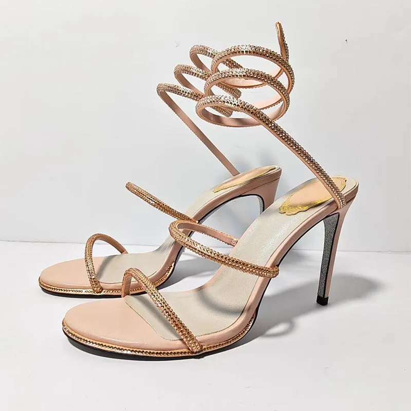 Bling Bling Rhinestone Snake Shaped Elastic Strap High Heel Sandals Women Glisten Crystal Sandalias Summer Banquet Dress Shoes